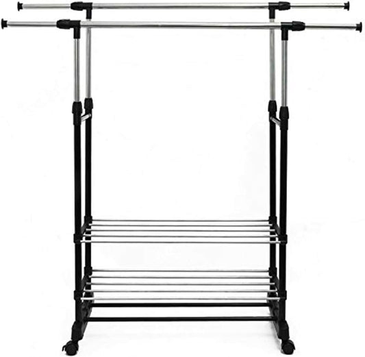 NAIMP Adjustable Double-Rail Garment Rack, Mobile Tidy Rack Clothes Rail Stand on 4 Castor Wheels,with Hanging Rail and Storage Shelf, for Bedroom(Black,145x42x160cm)