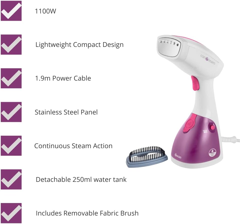 Swan, SI12020N, Handheld Garment Steamer, Lightweight and Compact, 1100W, Iron, Pink