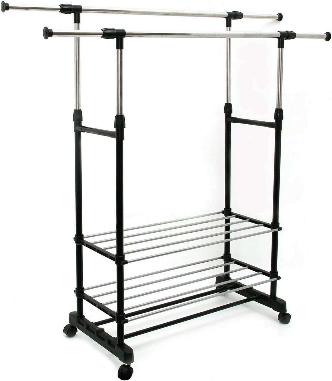 NAIMP Adjustable Double-Rail Garment Rack, Mobile Tidy Rack Clothes Rail Stand on 4 Castor Wheels,with Hanging Rail and Storage Shelf, for Bedroom(Black,145x42x160cm)