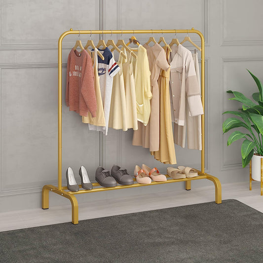 JIUYOTREE Clothing Garment Rack 110CM Metal Clothes Rail Coat Rail with Bottom Rack for Coats Skirts Shirts Sweaters Gold