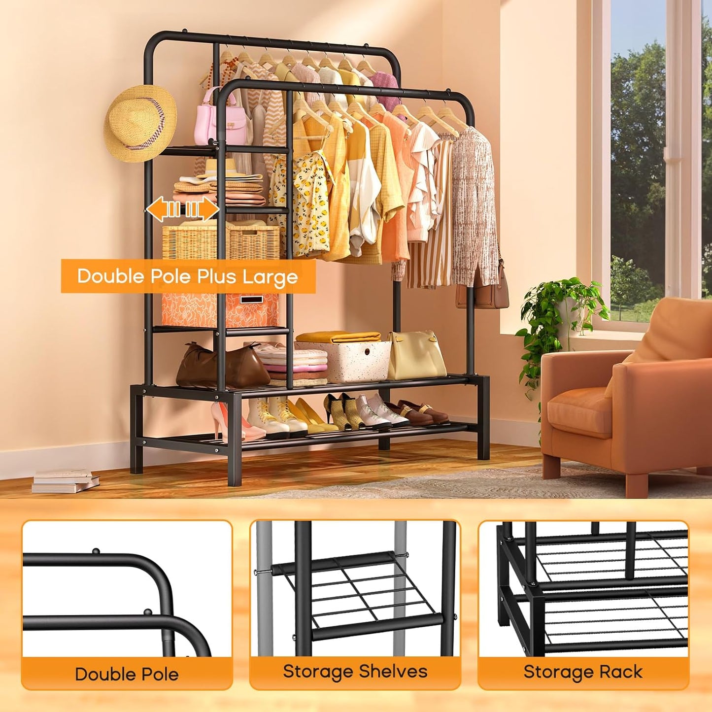 ZHZIRO Metal Clothes Rail Double Pole Clothes Rack Multifunctional Garment Rack with Storage Shelves Suitable for Home Bedroom for Coats, Bags, Shoes, Boots(Black)