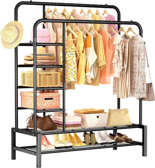 ZHZIRO Metal Clothes Rail Double Pole Clothes Rack Multifunctional Garment Rack with Storage Shelves Suitable for Home Bedroom for Coats, Bags, Shoes, Boots(Black)
